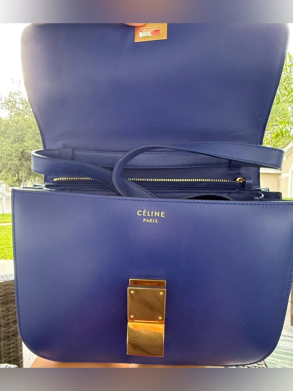Celine Blue Leather Crossbody with Gold Hardware